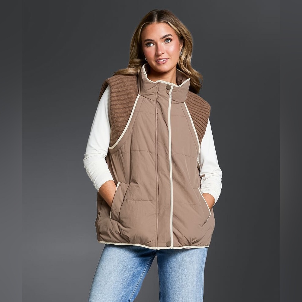 Buckle Black Pieced Sweater Puffer Vest